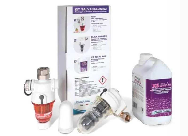 Kit Salvacaldaia 3 Euroacque Filtro Defangatore Magnetico Gts + Dosatore Polifosfati Click Bypass + Filmante Universale Xs Total Bio