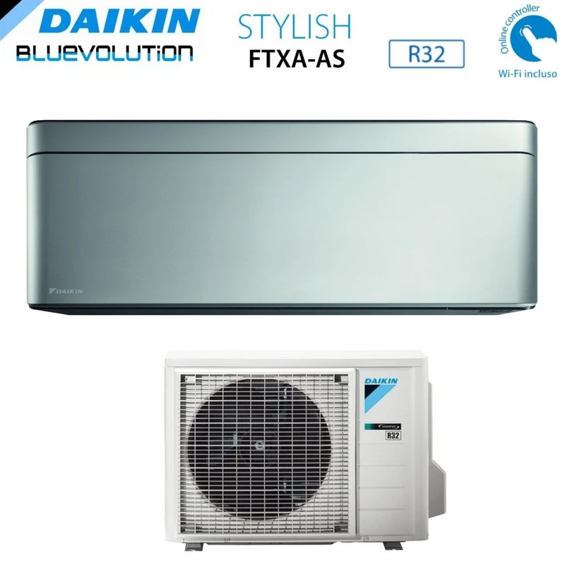 Daikin Bluevolution Inverter-Klimaanlage STYLISH SILVER Serie 7000 BTU FTXA20AS R-32 Integriertes WLAN Klasse A+++ GRAU