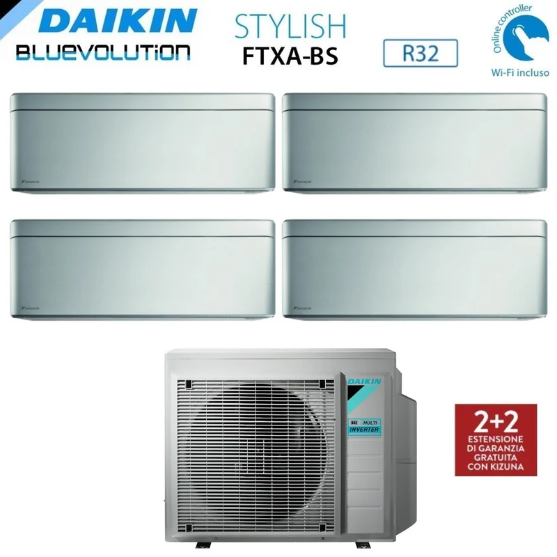 Daikin Bluevolution Quadri Split-Inverter-Panels für Klimaanlagen, STYLISH TOTAL SILVER, Serie FTXA-BS 9+9+12+12 mit 4MXM80N R-32, integriertem WLAN, 9000+9000+12000+12000, Farbe GRAU, italienische Garantie – Neuigkeiten 2020