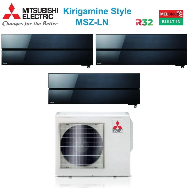Mitsubishi Electric Trial Split-Klimaanlage Kirigamine Style Onyx Black 9000+12000+12000 mit MXZ-3F68VF R-32 integriertem WLAN