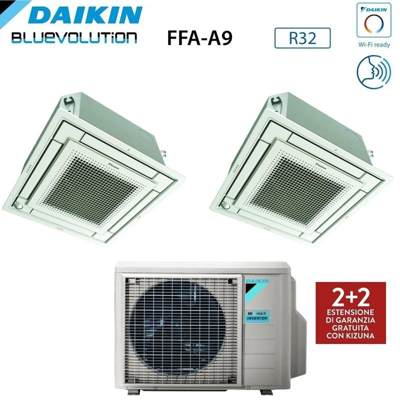 Daikin Bluevolution Klimaanlage Dual Split Inverter Cassette FFA-A 9+12 mit 2MXM50A R-32 Wi-Fi optional mit weißem Grill im Lieferumfang enthalten. 9000+12000 italienische Garantie
