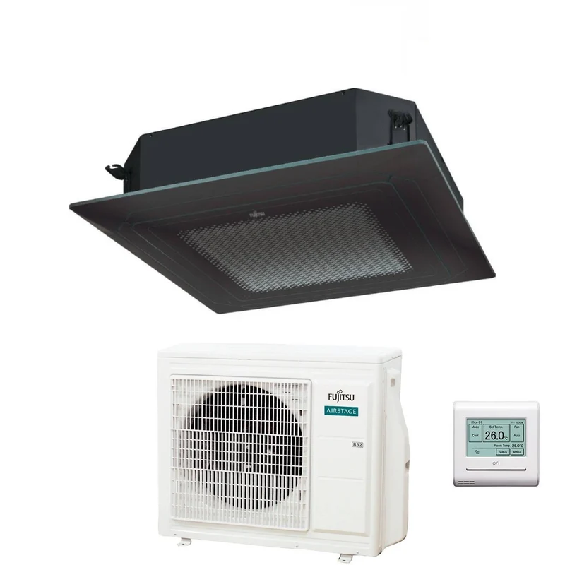 Fujitsu KR Eco Circular Flow Schwarze Kassetten-Klimaanlage 24000 Btu AUXG24KRLB R-32 Wi-Fi optional mit Gitter und Fernbedienung