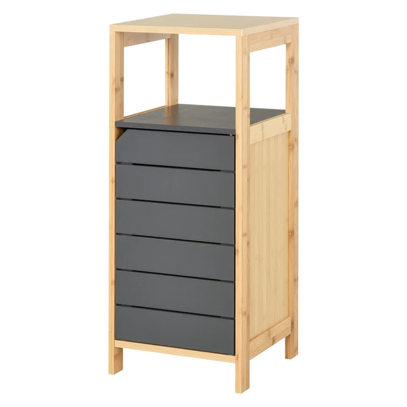 EASYCOMFORT Armadietto per Bagno Organizzatore con Ripiano Regolabile Color Bambù e Grigio