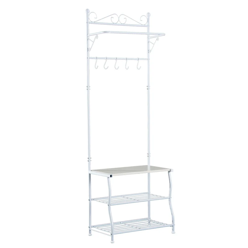 EASYCOMFORT Stand Appendiabiti Attaccapanni per Ingresso Scarpiera a 2 Ripiani 5 Ganci Metallo 60 × 35 × 175cm Bianco e Color Legno