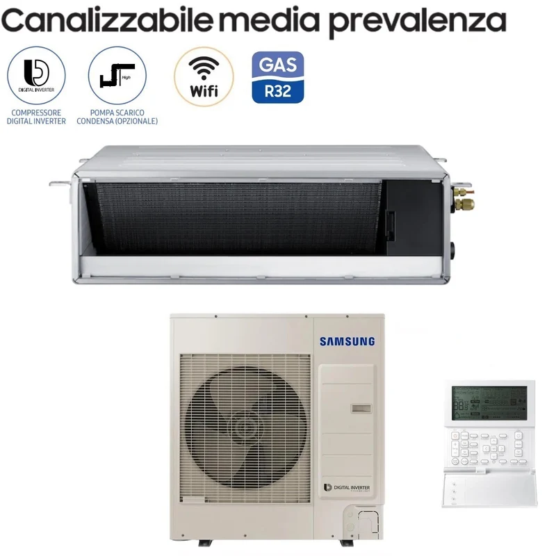 Samsung Inverter-Kanalklimagerät mittlerer Prävalenz 36000 Btu AC100RNMDKG/EU einphasig R-32 Klasse A+/A+ mit Kabelsteuerung im Lieferumfang enthalten – Neu