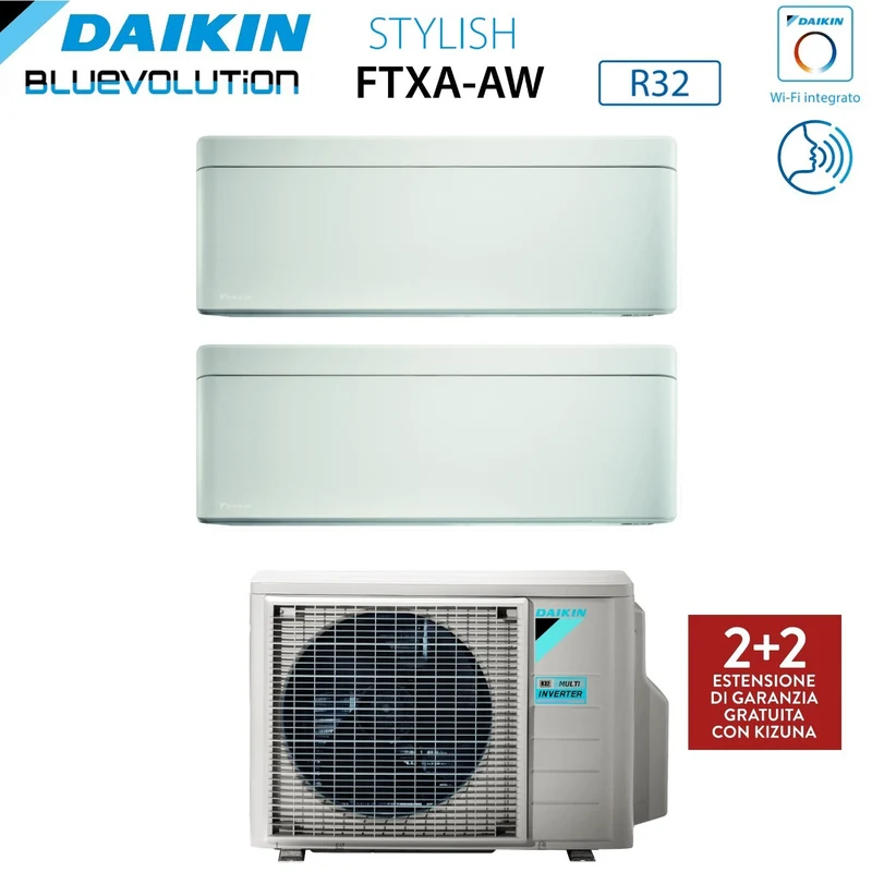 Daikin Stylish White 9+12 Dual-Split-Klimaanlage mit 3MXM52A R-32 integriertem WLAN. Weiße italienische Garantie