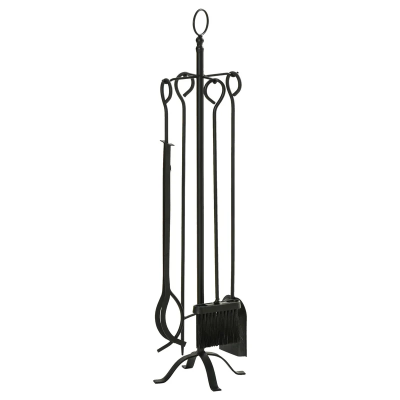EASYCOMFORT Set Attrezzi per Camino 5 Pezzi, Base con Attizzatoio, Pinza, Paletta e Scopa in Metallo - Nero