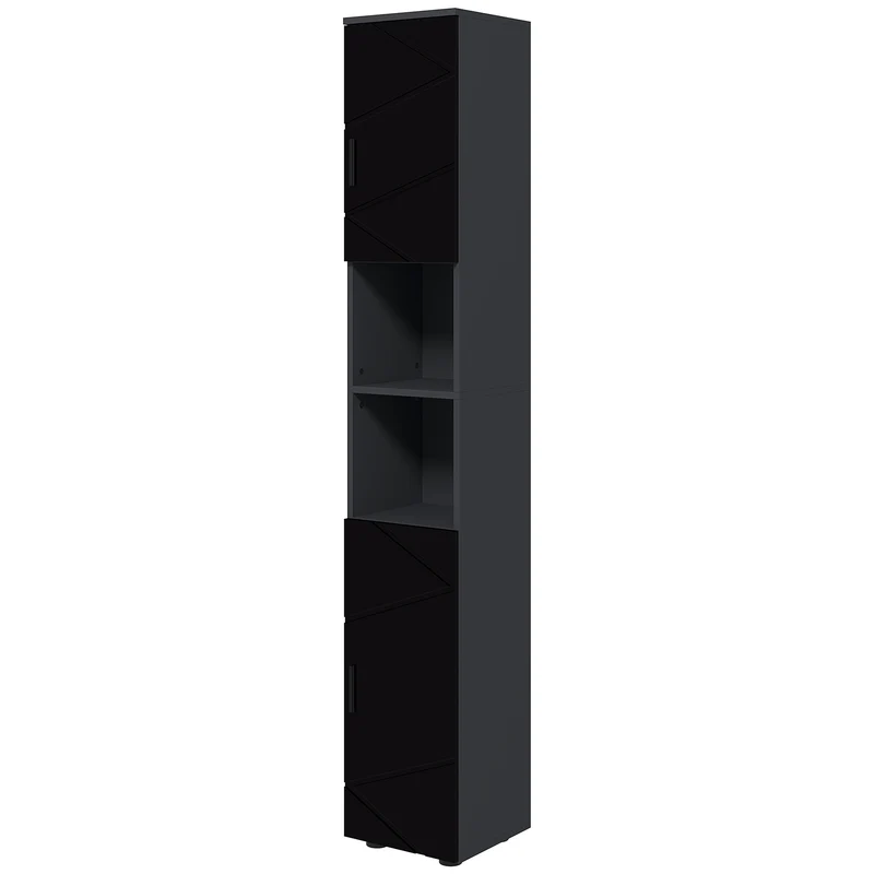 Easycomfort Colonna Bagno in Truciolato con 2 Ripiani Aperti e 2 Armadietti a 2 Livelli, 30x30x183 cm, Nero e Grigio