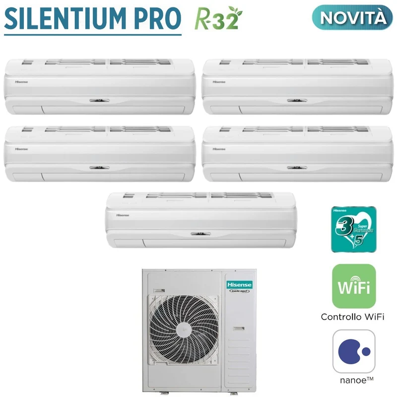 Climatizzatore Condizionatore Hisense Penta Split Inverter Serie SILENTIUM PRO 9+9+12+12+12 con 5AMW125U4RTA R-32 Wi-Fi Integrato 9000+9000+12000+12000+12000 - Novità