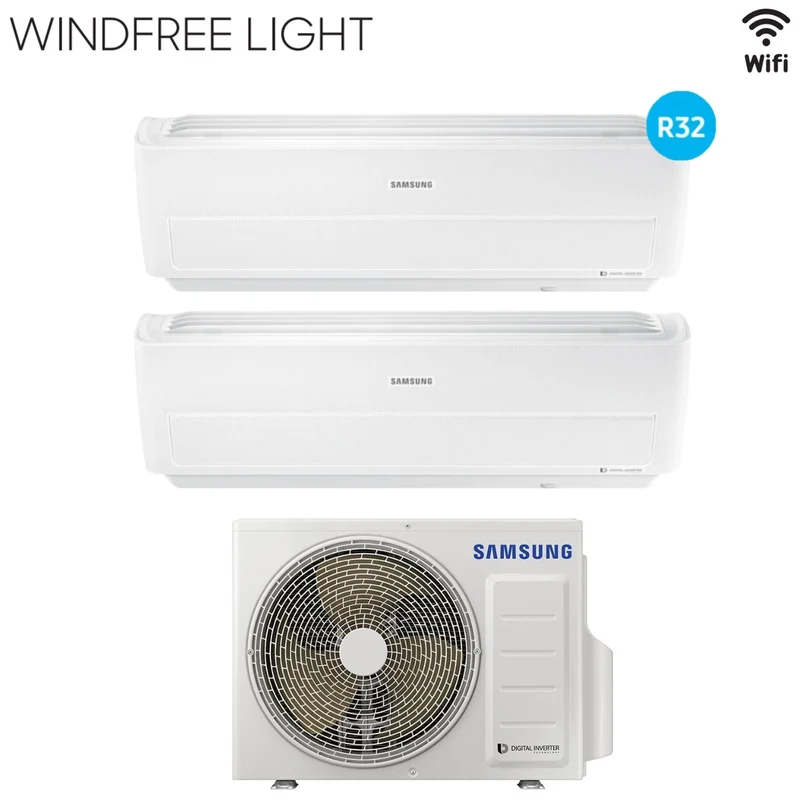 Samsung Dual Split Inverter Klimaanlage WINDFREE LIGHT 9+18 Serie mit AJ052RCJ3EH/EU R-32 integriertem Wi-Fi 9000+18000