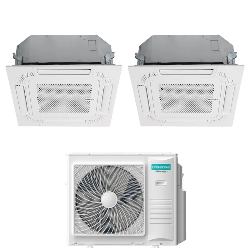 Hisense Dual Split Inverter Kassetten-Klimaanlage 12+18 mit 4AMW105U4RAA R-32 Wi-Fi Optional 12000+18000 mit Fernbedienung und Bedienfeld im Lieferumfang enthalten